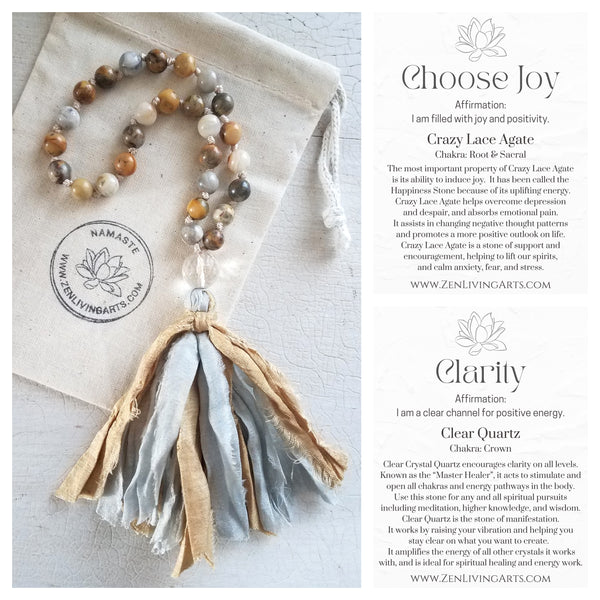 CHOOSE JOY. Crazy Lace Agate & Clear Quartz Crystal Mini Mala. Quarter Mala 27 Prayer Beads. Mindful Meditation.