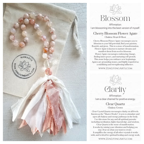 BLOSSOM. Cherry Blossom Flower Agate & Clear Quartz Crystal Mini Mala. Quarter Mala 27 Prayer Beads. Mindful Meditation.