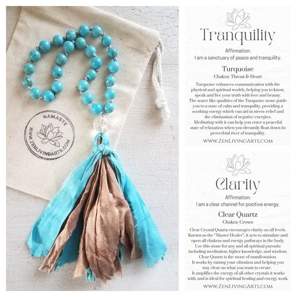 TRANQUILITY. Blue Turquoise & Clear Quartz Crystal Mini Mala. Quarter Mala 27 Prayer Beads. Mindful Meditation.