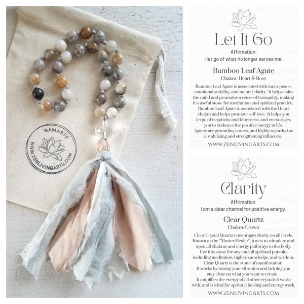 LET IT GO. Bamboo Leaf Agate & Clear Quartz Crystal Mini Mala. Quarter Mala 27 Prayer Beads. Mindful Meditation.