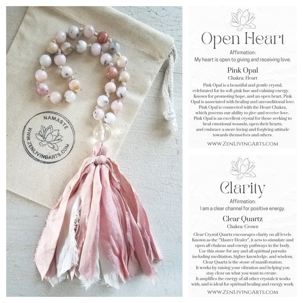 OPEN HEART. Pink Opal & Clear Quartz Crystal Mini Mala. Quarter Mala 27 Prayer Beads. Mindful Meditation.