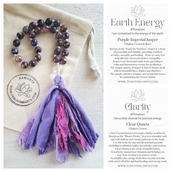 PEACEFUL PATH. Purple Imperial Jasper & Clear Quartz Crystal Mini Mala. Quarter Mala 27 Prayer Beads. Mindful Meditation.
