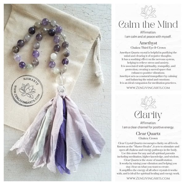 ANXIETY RELIEF. Amethyst & Clear Quartz Crystal Mini Mala. Quarter Mala 27 Prayer Beads. Mindful Meditation.