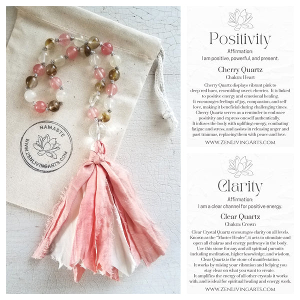 POSITIVITY. Cherry Quartz & Clear Quartz Crystal Mini Mala. Quarter Mala 27 Prayer Beads. Mindful Meditation.