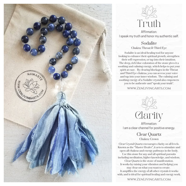 AUTHENTIC SELF. Blue Sodalite & Clear Quartz Crystal Mini Mala. Quarter Mala 27 Prayer Beads. Mindful Meditation.