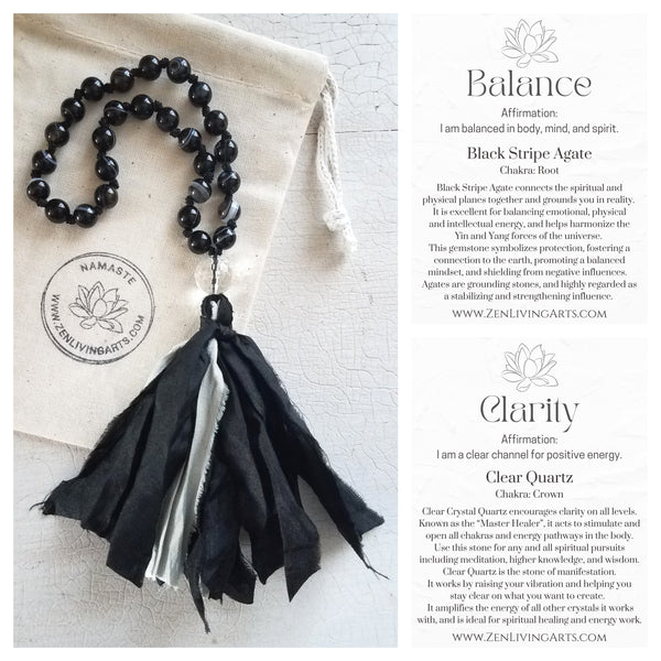 BALANCE. Black Stripe Agate & Clear Quartz Crystal Mini Mala. Quarter Mala 27 Prayer Beads. Mindful Meditation.