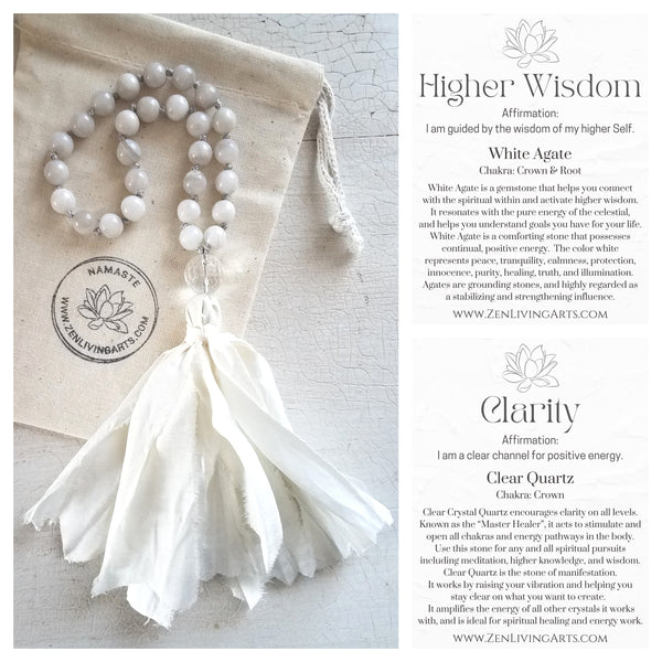 HIGHER WISDOM. White Agate & Clear Quartz Crystal Mini Mala. Quarter Mala 27 Prayer Beads. Mindful Meditation.