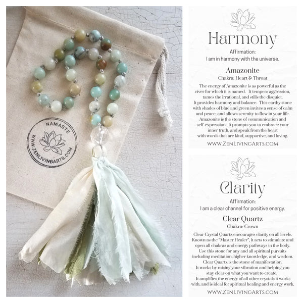 HARMONY. Amazonite & Clear Quartz Crystal Mini Mala. Quarter Mala 27 Prayer Beads. Mindful Meditation.