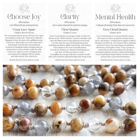 HAPPY THOUGHTS. Crazy Lace Agate & Clear Quartz Gemstone Necklace. Full Mala 108 Beads. Mindful Jewelry.