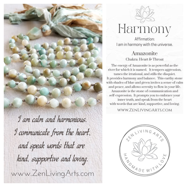 HARMONY. Amazonite Gemstone Necklace. Full Mala 108 Beads. Mindful Jewelry.