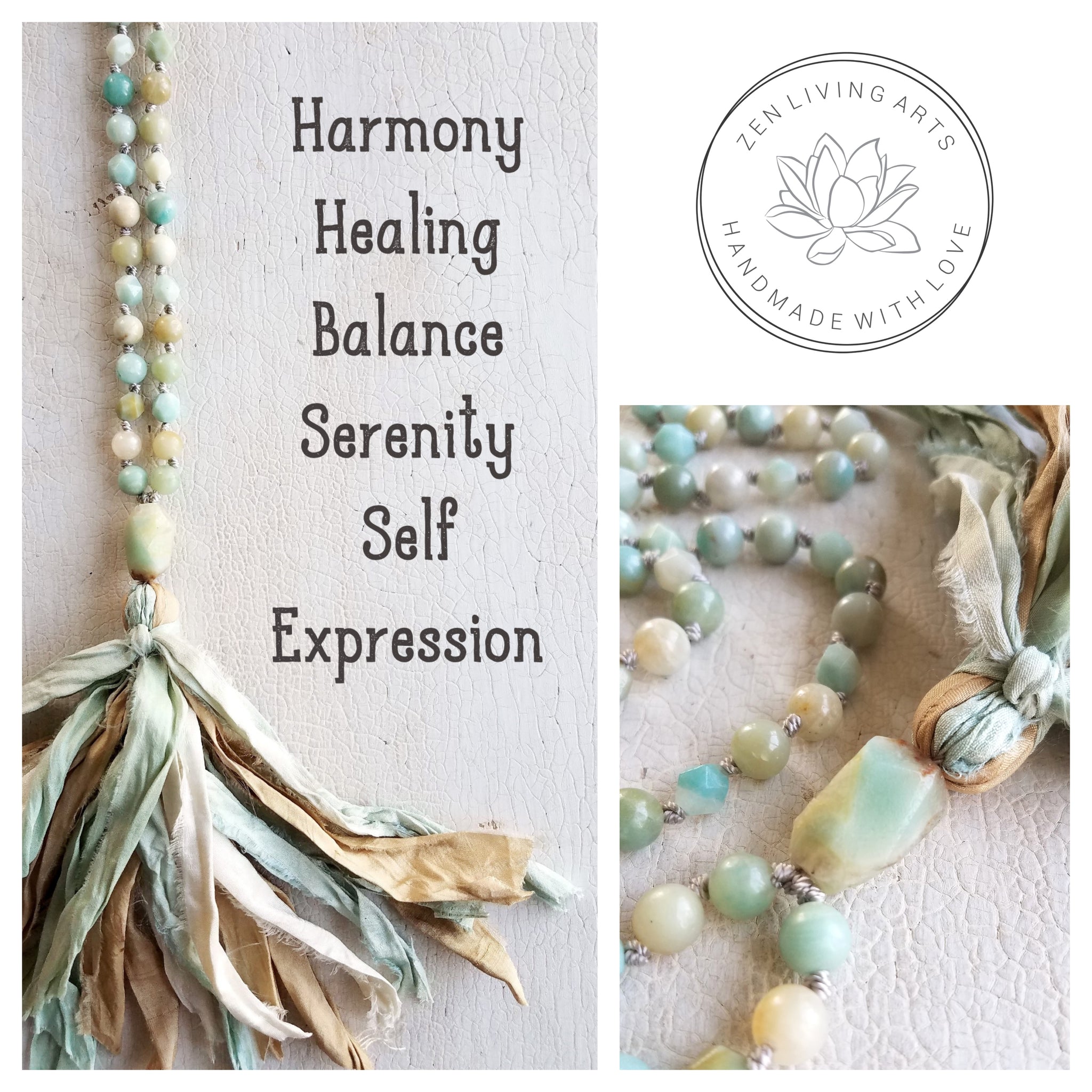 HARMONY. Amazonite Gemstone Necklace. Full Mala 108 Beads. Mindful Jewelry.
