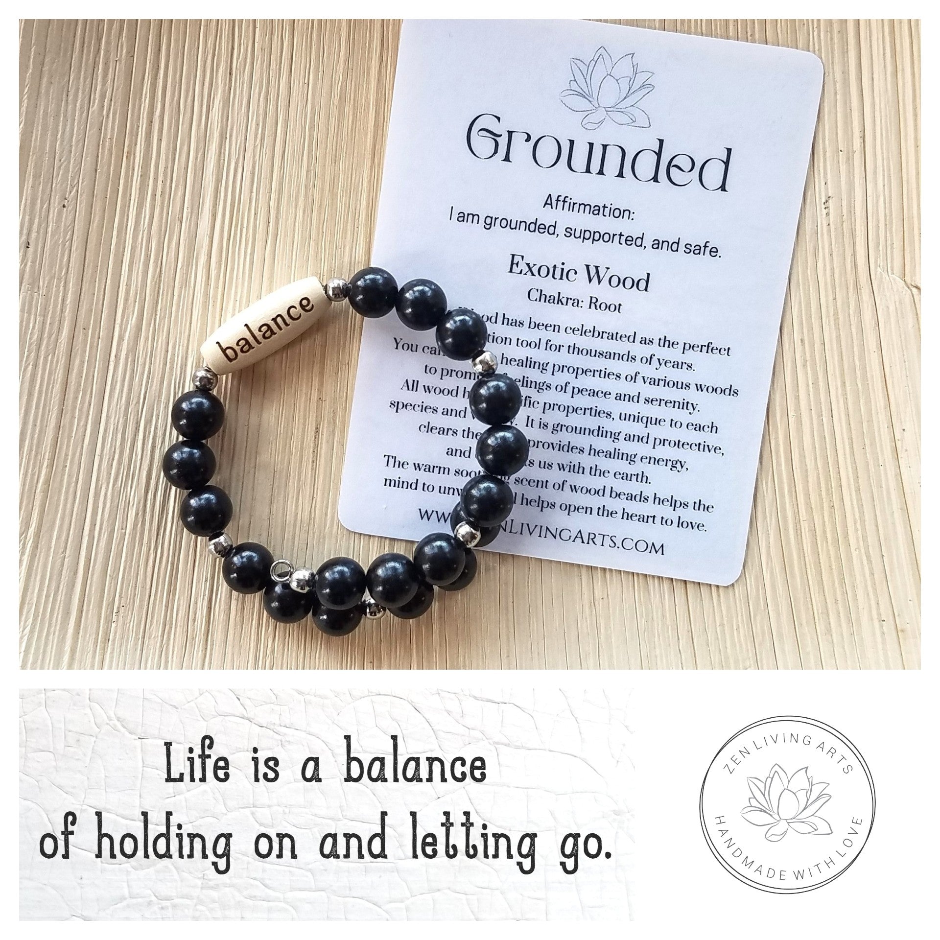 BALANCE. Engraved Wood Beaded Bracelet. Adjustable Memory Wire. Inspirational Quote Jewelry.