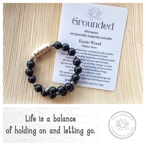 BALANCE. Engraved Wood Beaded Bracelet. Adjustable Memory Wire. Inspirational Quote Jewelry.
