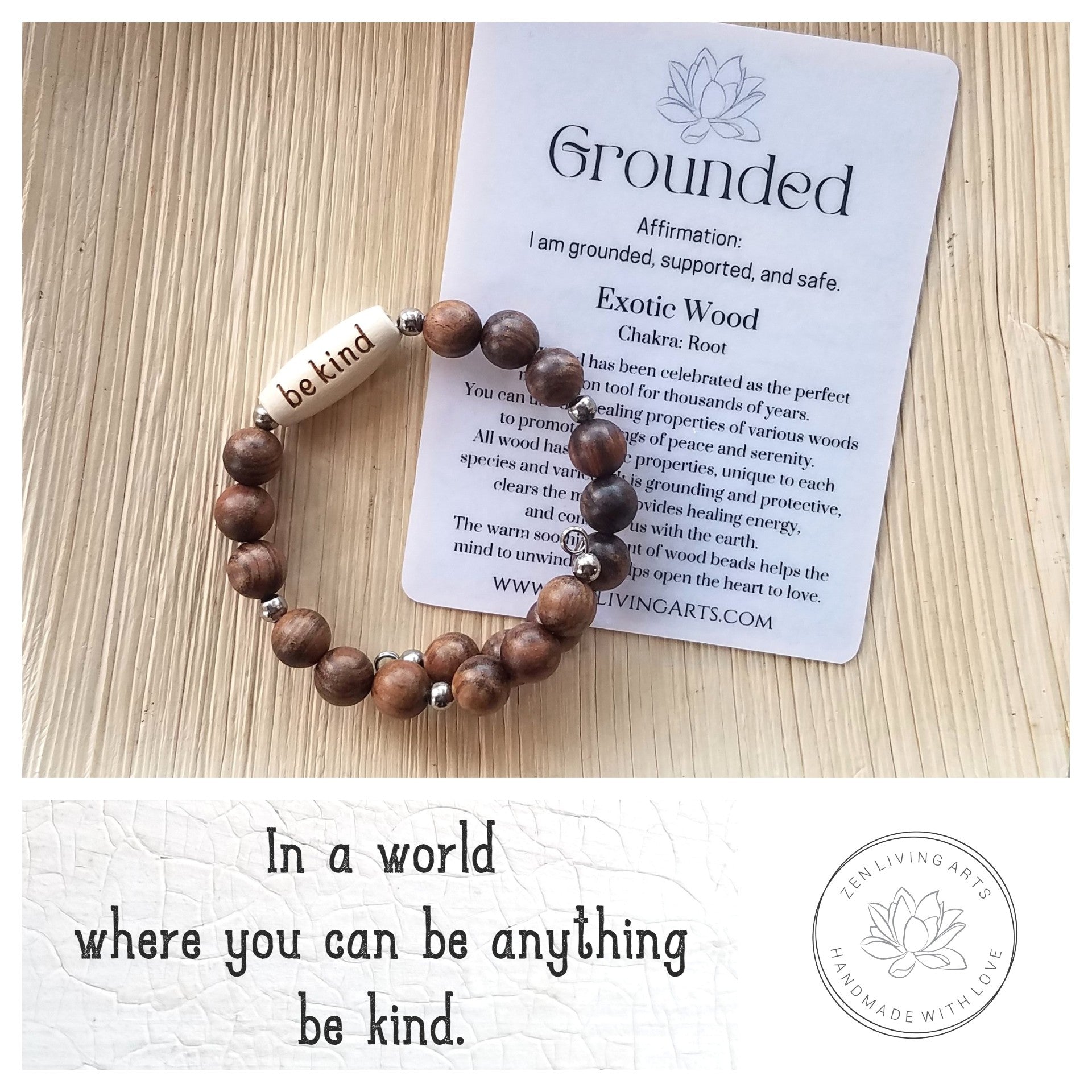 BE KIND. Engraved Wood Beaded Bracelet. Adjustable Memory Wire. Inspirational Quote Jewelry.