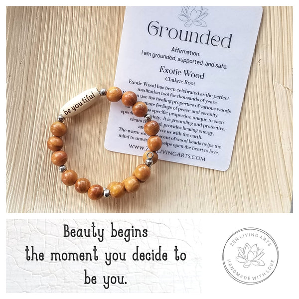 BE YOU TIFUL. Engraved Wood Beaded Bracelet. Adjustable Memory Wire. Inspirational Quote Jewelry.