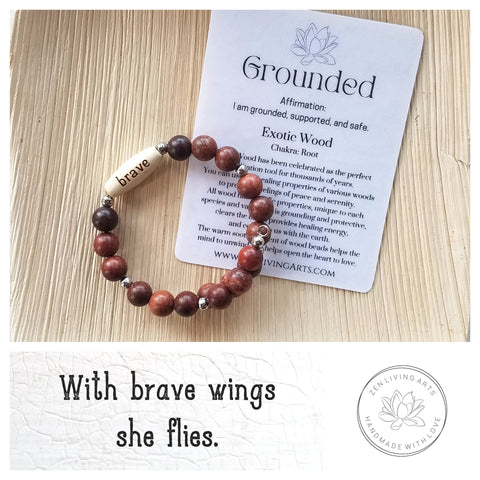 BRAVE. Engraved Wood Beaded Bracelet. Adjustable Memory Wire. Inspirational Quote Jewelry.