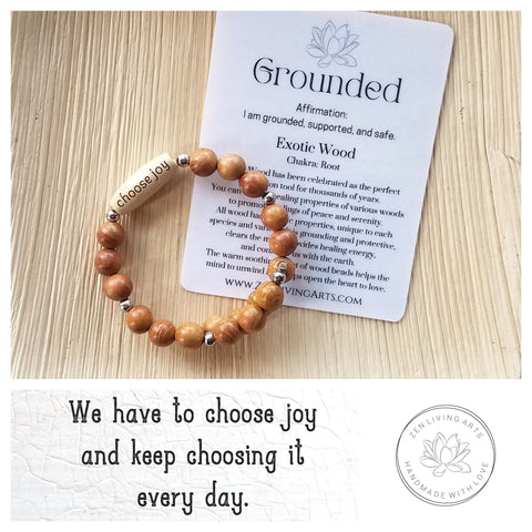 CHOOSE JOY. Engraved Wood Beaded Bracelet. Adjustable Memory Wire. Inspirational Quote Jewelry.