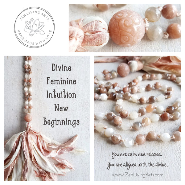 DIVINE FEMININE. Peach & White Moonstone Gemstone Necklace. Full Mala 108 Beads. Mindful Jewelry.
