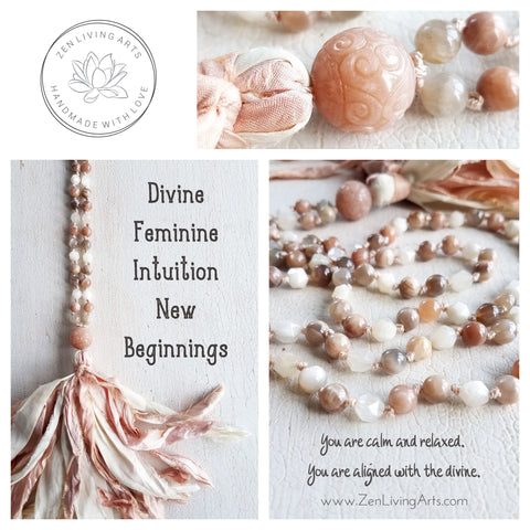 DIVINE FEMININE. Peach & White Moonstone Gemstone Necklace. Full Mala 108 Beads. Mindful Jewelry.
