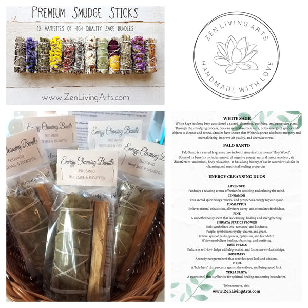 Eucalyptus, White Sage, & Palo Santo. Premium Smudging Sticks. Energy Cleansing Bundle.