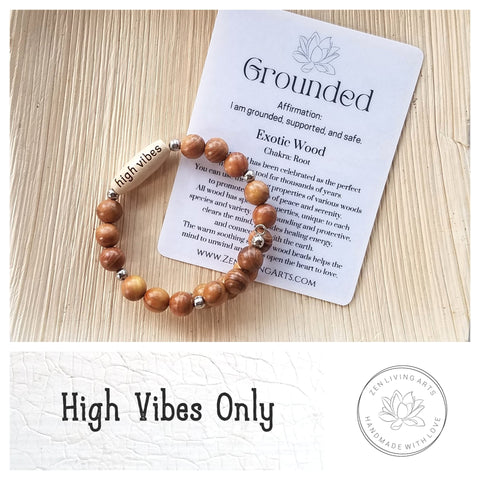 HIGH VIBES. Engraved Wood Bracelet. Adjustable Memory Wire. Inspirational Quote Jewelry.