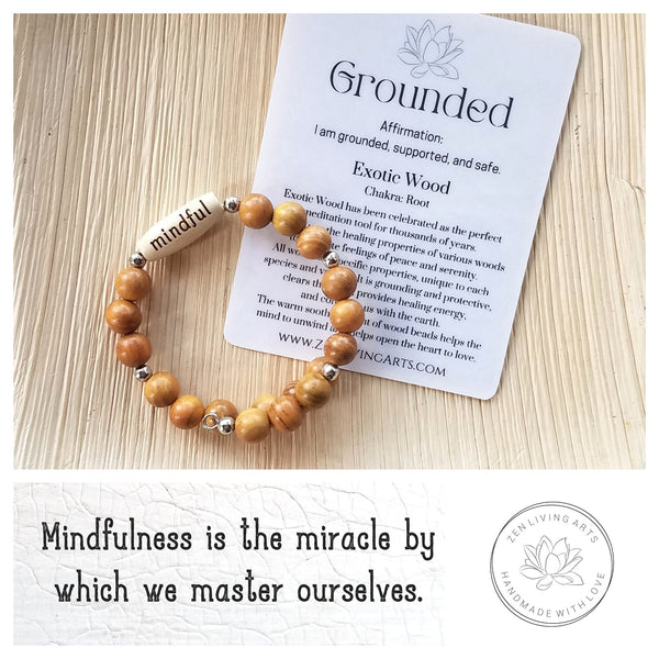 MINDFUL. Engraved Wood Beaded Bracelet. Adjustable Memory Wire. Inspirational Quote Jewelry.