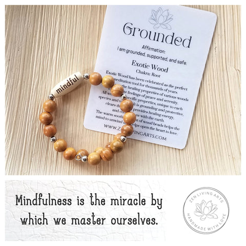MINDFUL. Engraved Wood Beaded Bracelet. Adjustable Memory Wire. Inspirational Quote Jewelry.