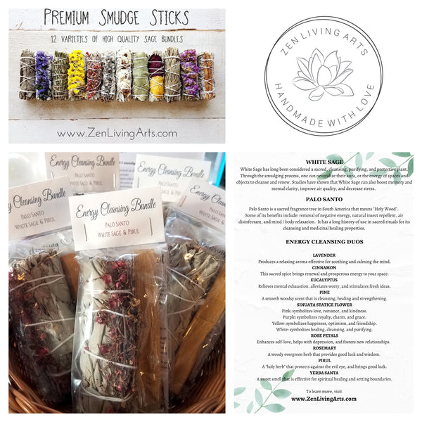 Pirul, White Sage, & Palo Santo. Premium Smudging Sticks. Energy Cleansing Bundle.