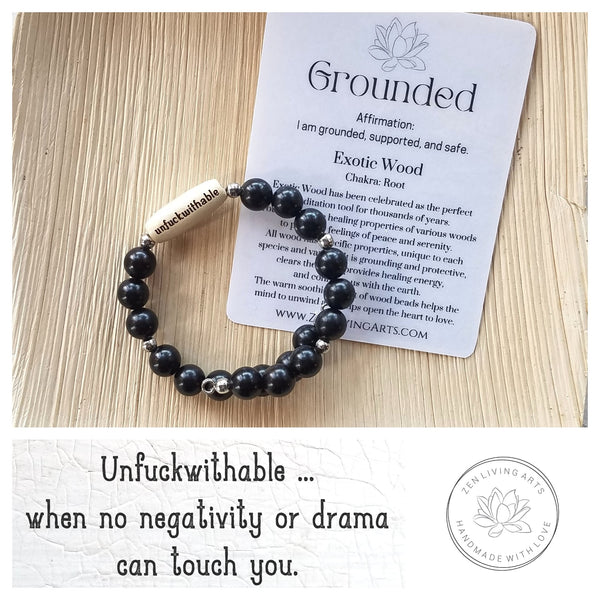 UNFUCKWITHABLE. Engraved Wood Bracelet. Adjustable Memory Wire. Inspirational Quote Jewelry.