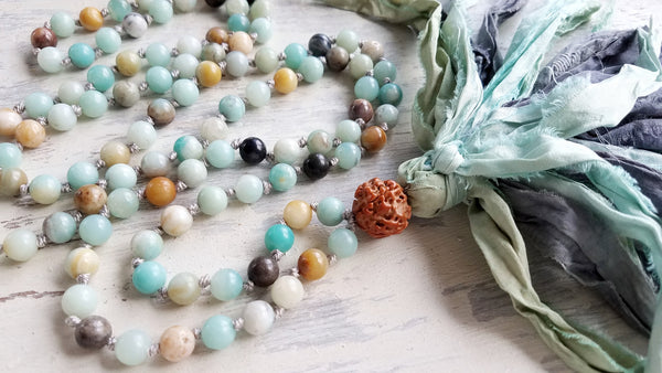 SPEAK YOUR TRUTH. Amazonite Gemstone Necklace. Full Mala 108 Beads. Mindful Jewelry.