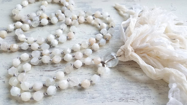 LOVE YOU TO THE MOON AND BACK. Moonstone Gemstone Necklace. Full Mala 108 Beads. Mindful Jewelry.