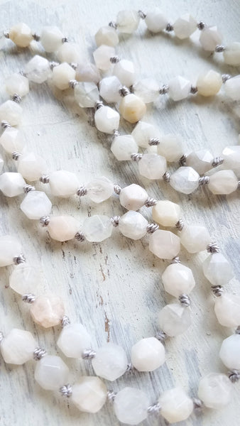 LOVE YOU TO THE MOON AND BACK. Moonstone Gemstone Necklace. Full Mala 108 Beads. Mindful Jewelry.
