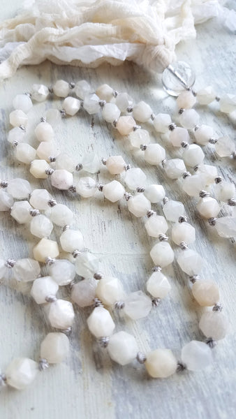 LOVE YOU TO THE MOON AND BACK. Moonstone Gemstone Necklace. Full Mala 108 Beads. Mindful Jewelry.