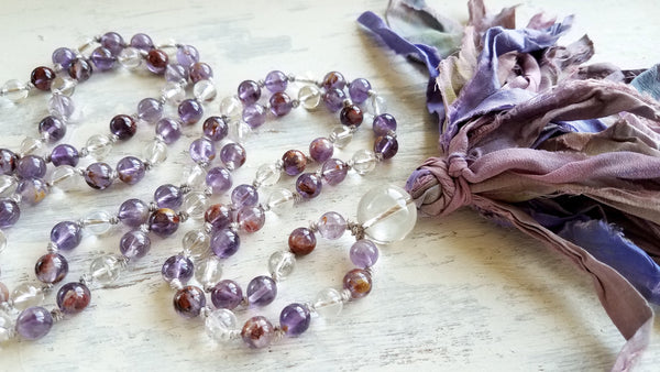 TRANSFORMATION. Super Seven & Clear Quartz Gemstone Necklace. Full Mala 108 Beads. Mindful Jewelry.