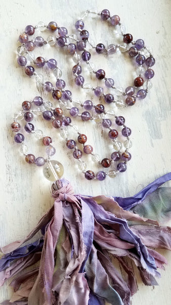 TRANSFORMATION. Super Seven & Clear Quartz Gemstone Necklace. Full Mala 108 Beads. Mindful Jewelry.