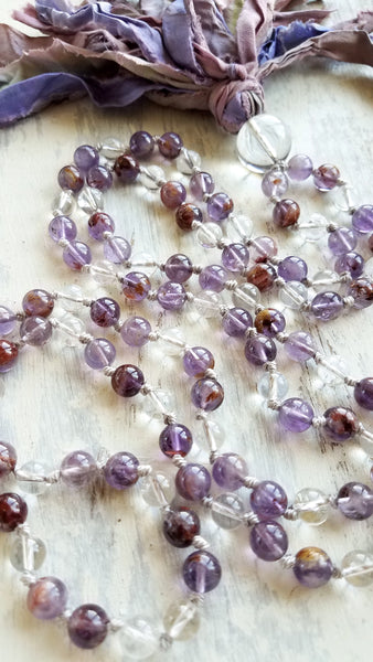 TRANSFORMATION. Super Seven & Clear Quartz Gemstone Necklace. Full Mala 108 Beads. Mindful Jewelry.