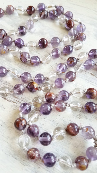 TRANSFORMATION. Super Seven & Clear Quartz Gemstone Necklace. Full Mala 108 Beads. Mindful Jewelry.