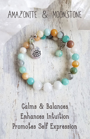 HIGHEST TRUTH. Amazonite & Moonstone Quarter Mala Gemstone Bracelet 27 Beads. Mindful Jewelry.