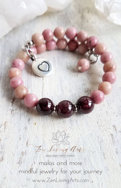 PASSION. Red Garnet and Rhodonite Quarter Mala Gemstone Bracelet 27 Beads. Mindful Jewelry.
