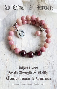 PASSION. Red Garnet and Rhodonite Quarter Mala Gemstone Bracelet 27 Beads. Mindful Jewelry.