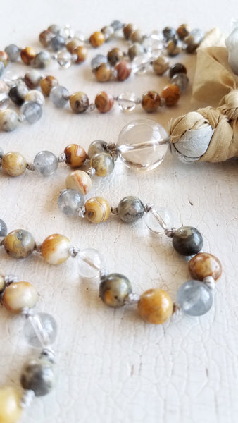 CHOOSE JOY. Crazy Lace Agate & Clear Quartz Gemstone Necklace. Full Mala 108 Beads. Mindful Jewelry.