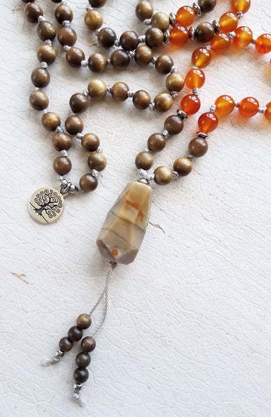 CREATIVE SOUL. Sandalwood & Orange Carnelian Gemstone Necklace. Full Mala 108 Beads. Tree Of Life.