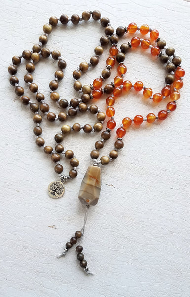 CREATIVE SOUL. Sandalwood & Orange Carnelian Gemstone Necklace. Full Mala 108 Beads. Tree Of Life.