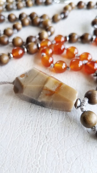 CREATIVE SOUL. Sandalwood & Orange Carnelian Gemstone Necklace. Full Mala 108 Beads. Tree Of Life.
