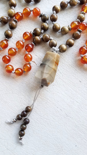 CREATIVE SOUL. Sandalwood & Orange Carnelian Gemstone Necklace. Full Mala 108 Beads. Tree Of Life.