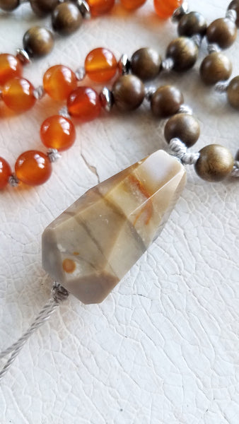CREATIVE SOUL. Sandalwood & Orange Carnelian Gemstone Necklace. Full Mala 108 Beads. Tree Of Life.