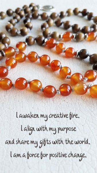 CREATIVE SOUL. Sandalwood & Orange Carnelian Gemstone Necklace. Full Mala 108 Beads. Tree Of Life.