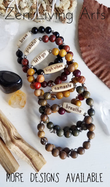 BE WATER. Engraved Wood and Sandalwood Beaded Bracelet. Inspirational Quote Jewelry.