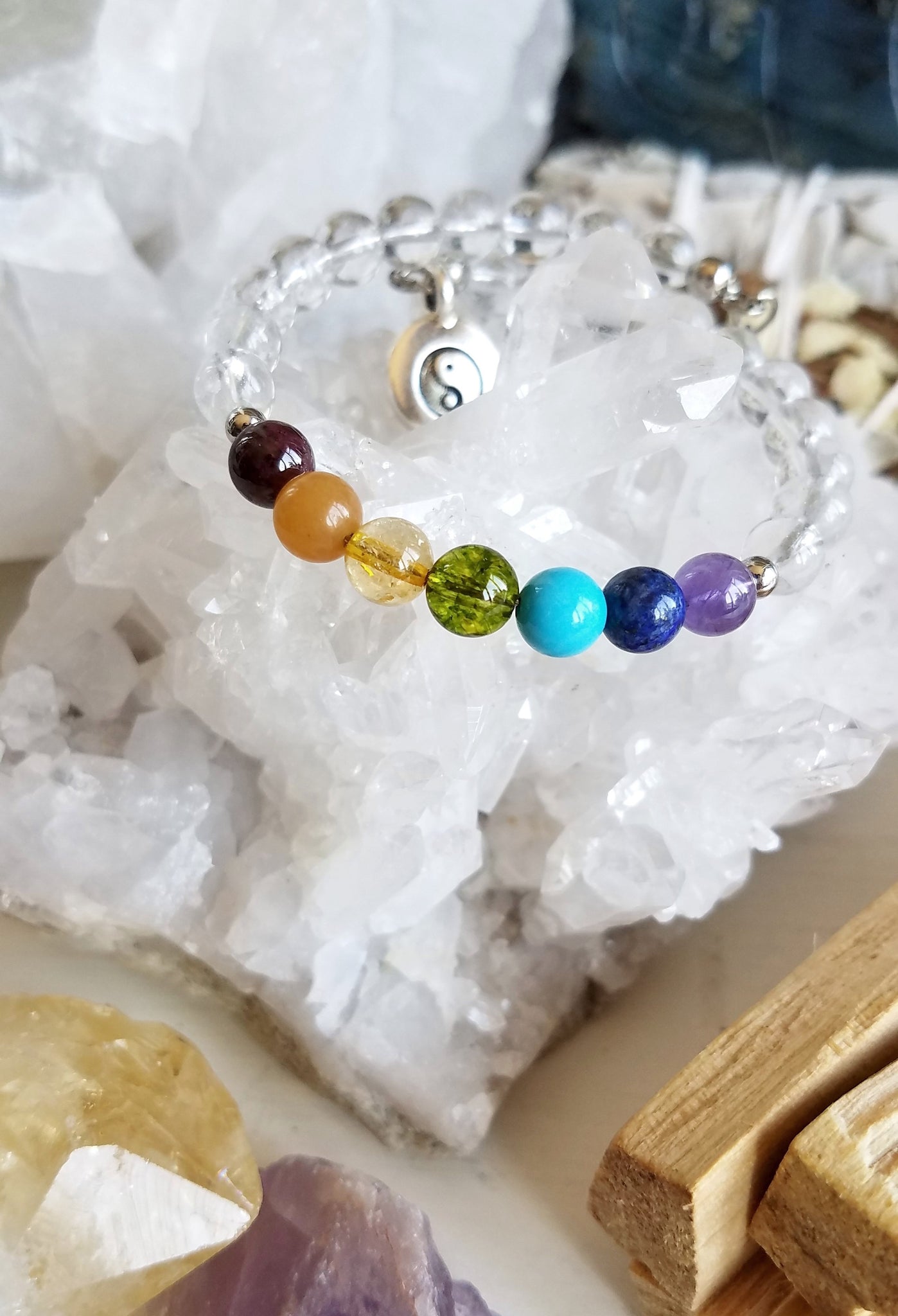 SEVEN CHAKRAS. Rainbow Chakra Balancing Gemstone Quarter Mala Charm Bracelet. Mindful Jewelry.
