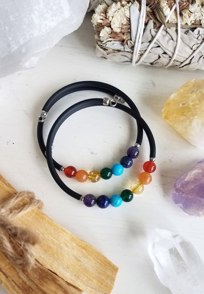 SEVEN CHAKRAS. Rainbow Chakra Balancing Gemstone Cuff Bracelet. Crystal Energy Healing Jewelry.